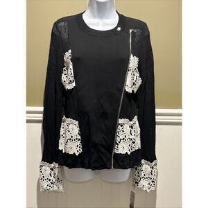 INC Black Ribbed Crochet Lace Sweater – Zip Front Women’s Medium NWT